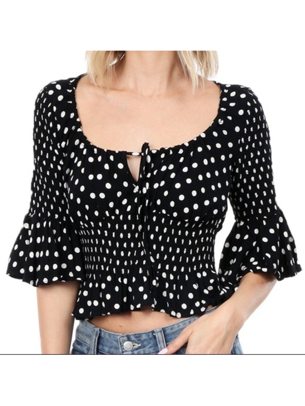 NWT Free People A Bit of Something Sweet Polka Dot Top Black L